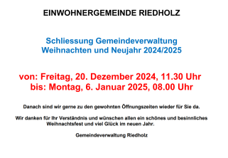 Oeffnungszeiten der Gemeinde während der Weihnachtszeit 2024