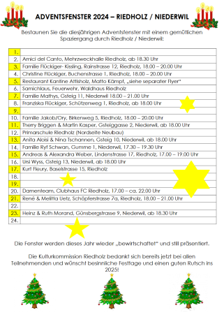 Bild mit Terminen und Standorten der Adventsfenster 2024.